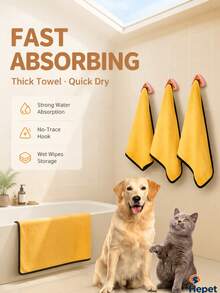 Hepet 4pcs Pet Grooming Bath Towel Set, Includes Absorbent Drying Cloth And Triangle Self-Adhesive No-Trace Hook, Thick Soft Quick-Dry Pet Towel, With Creative 6-Tooth Storage Hook, Suitable For Bathroom Organization - View 1