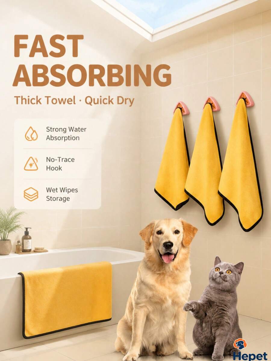 Hepet 4pcs Pet Grooming Bath Towel Set, Includes Absorbent Drying Cloth And Triangle Self-Adhesive No-Trace Hook, Thick Soft Quick-Dry Pet Towel, With Creative 6-Tooth Storage Hook, Suitable For Bathroom Organization - View 1