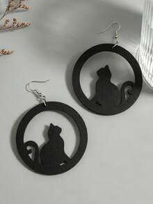 1 Pair Vintage Hollow Round Cat Earrings, Double Layer PU Leather Gothic Halloween Party Accessory Dangle Earrings - Multicolor - View 4