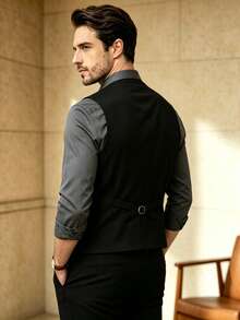 1pc Men's Casual Vest With Suit Collar, Slim Fit Solid Color Design, 4-Button, Business Banquet Outfit, All-Season Commute - Black - View 3