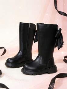 1 Pair Beige Tall Princess Boots With Bow + Rhinestone Butterfly Decor, Elastic Soft Sole With Inner Zipper Design, Luxury Girly Style Long Riding Boots, Suitable For Daily Wear, School, Festivals, Parties, Autumn/Winter New Arrival - Black - View 6