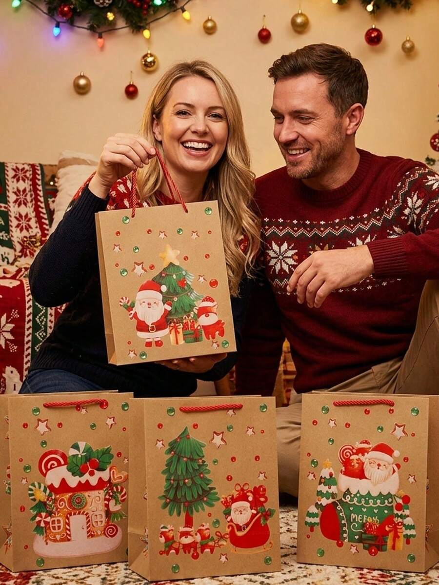 24pcs Set Of Christmas-Themed Printed Kraft Paper Gift Bags-Perfect For Party Favors, Table Decorations, Guest Gifts, And General Gift-Giving; An Ideal Choice For Holiday Gift Packaging. - Multicolor - View 1