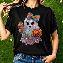 Women's Halloween Party T-Shirt With A Fun And Cute Shiny Colourful Rhinestone Ghost Design (Printed Design T-Shirt, Not Actual Rhinestones) - Black - View 1