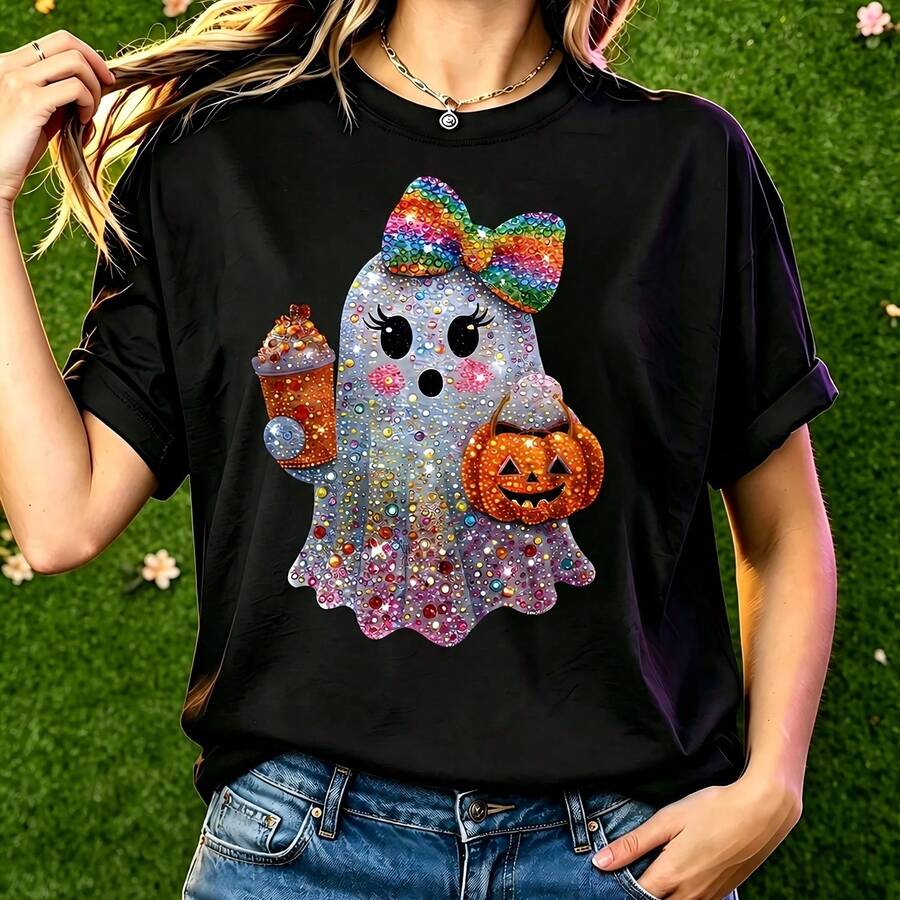 Women's Halloween Party T-Shirt With A Fun And Cute Shiny Colourful Rhinestone Ghost Design (Printed Design T-Shirt, Not Actual Rhinestones) - Black - View 1