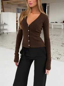 Women's New Spring/Autumn V-Neck Long Sleeve Knit Cardigan Jacket, Elegant For Commuting And Daily Wear - Coffee Brown - View 3