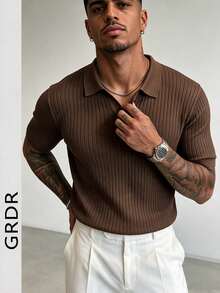 GRDR 男士夏季纯色 Polo 领短袖针织衫，适合夏季外出穿着，时尚造型必备单品 - 棕色 - 查看 3