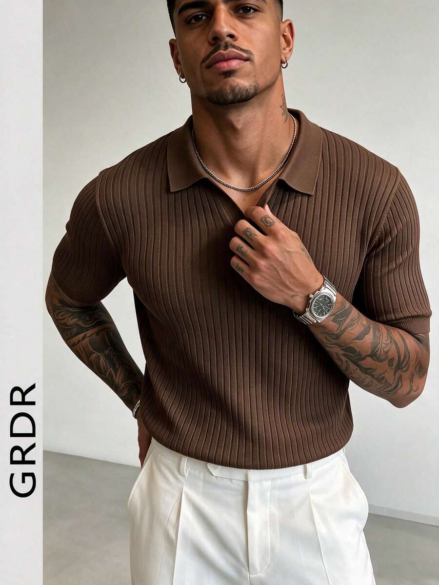 GRDR Men's Summer Solid Color Polo Collar Short Sleeve Knit Sweater, Suitable For Summer Outings, Essential For Fashionable Styling