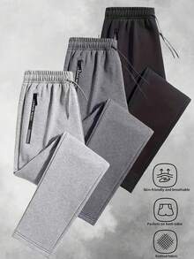 1件裝 男士運動長褲 針織直筒慢跑褲 拉鍊口袋 抽繩腰頭 全季穿著 - 淺灰色 - 查看 1