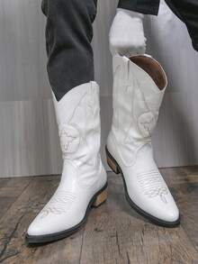 Western Style Cowboy Boots, Wedge Heel, Embroidered, Retro British Style Boots, Couple/Unisex Riding Boots - White - View 13