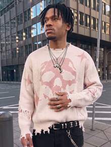 ANDREILEE Halloween Men's Skull Distressed Edge Fashion Casual Crew Neck Long Sleeve Loose Knit Sweater Streetwear Autumn/Winter - Pink - View 3