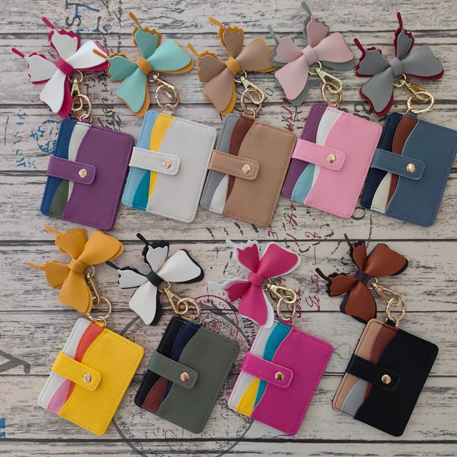 1pc Multi-Color PU Card Holder With Silicone Beaded Wrist Strap, Tassel Pendant, Snap Button Multi-Card Slots And Zipper Side Pocket, Functions As ID Card Holder And Coin Purse, Can Be Used As Wrist Keychain And Bag Charm, Portable Storage For Cards And Coins, Multiple Style Color Options To Match Daily Outfits - Multicolor - View 1