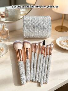 10pcs Multi-Function Rhinestone Makeup Brush Set - Includes 9 Luxury Charming Rhinestone Handle Brushes And 1 Fully Rhinestone Storage Tube - Desktop Storage Tube, Makeup Brush Storage Tube, Practical Makeup Brush Set - Suitable For All Skin Types - Multicolor - View 1