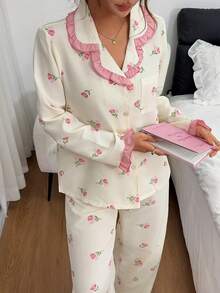Dreamivo Women's Ruffle Trim Playful Elegant Loungewear Set, Little Cherry Striped Print Long Sleeve Pants Contrast Color Pajama Set - Multicolor - View 4