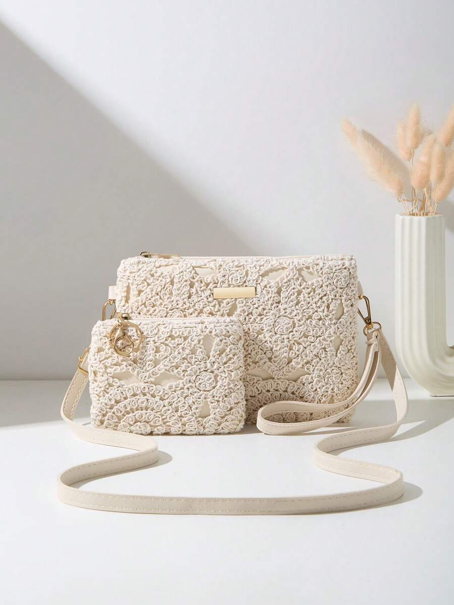 2 Pieces Shoulder Bag Set With Small Wallet, Floral Pattern, Hollow Woven Crochet Design, Adjustable Shoulder Strap, Casual Daily Shoulder Bag, Women's Fashion Lightweight Handbag - Apricot - View 1