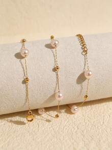 1pc Minimalist Ins Style Women's Stainless Steel Clavicle Chain With Spaced Faux Pearl And Small Gold Beads, Fine Chain Necklace For Date, Commute, Birthday Gift Accessory - Yellow Gold - View 2