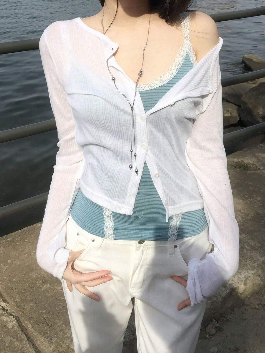 Korean Style Minimalist Round Neck Single-Breasted Long Sleeve Cardigan Top - White - View 1