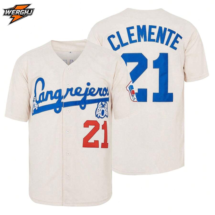 قميص بيسبول رجالي مطرز ب- Santurce Crabs 21 Roberto Clemente، قميص بيسبول تذكاري للمعجبين من بورتوريكو باللون البيج