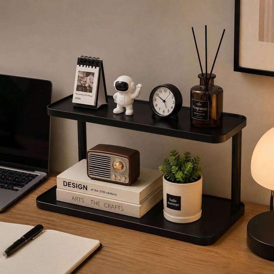 1pc Black Double-Layer Desktop Storage Rack, Vintage Wooden Organizer, Multi-Functional Countertop Organizer, Minimalist Storage Shelf, Water Cup Coffee Cup Holder, Spice Rack, Suitable For Kitchen Countertop, Side Cabinet, Bedroom Vanity And Living Room Tea Set Organization And Storage - View 1
