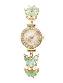 Girl Style Butterfly Decor Bracelet Watch, Full Rhinestone Bezel Gold Thin Chain Quartz Wristwatch, Party Accessory, Gift For Girlfriend (1pc/Set) Watch Box Not Included - Green - View 5