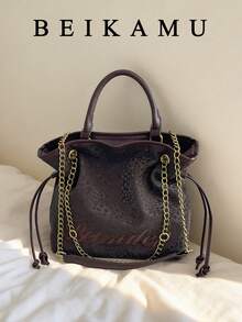 Brown Leopard Print Chain Bag, Drawstring Closure Handbag, Vintage Style Daily Shoulder Crossbody Small Tote Bag For Women - Coffee - View 4