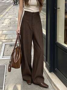 Women's Relaxed Minimalist Elegant Commuter Style High Waist Wide Leg Long Pants Non-Stretch Spring Autumn Fashion Versatile Trousers - Brown - View 5
