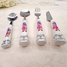 2/4/24pcs Exquisite Hexagonal Floral Ceramic Handle Stainless Steel Tableware Silverware Set, Including Knife, Spoon, Fork, Dessert Spoon, Unique And Elegant Porcelain, Suitable For Restaurants And Daily Family Dining - Multicolor - View 9
