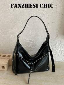 Metal Grommet Rivet Decor Wide Strap Weight-Relieving Design Zipper Closure American Vintage Motorcycle Style Hobo Tote Bag College Student Commuter Shopping Shoulder Underarm Bag Hot Girl Outfit Large Capacity Soft Bag - Black - View 8