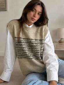 Women Fair Isle Pattern Round Neck Knit Vest, Casual Sleeveless Sweater Vest For Fall Daily Layering - Khaki - View 5