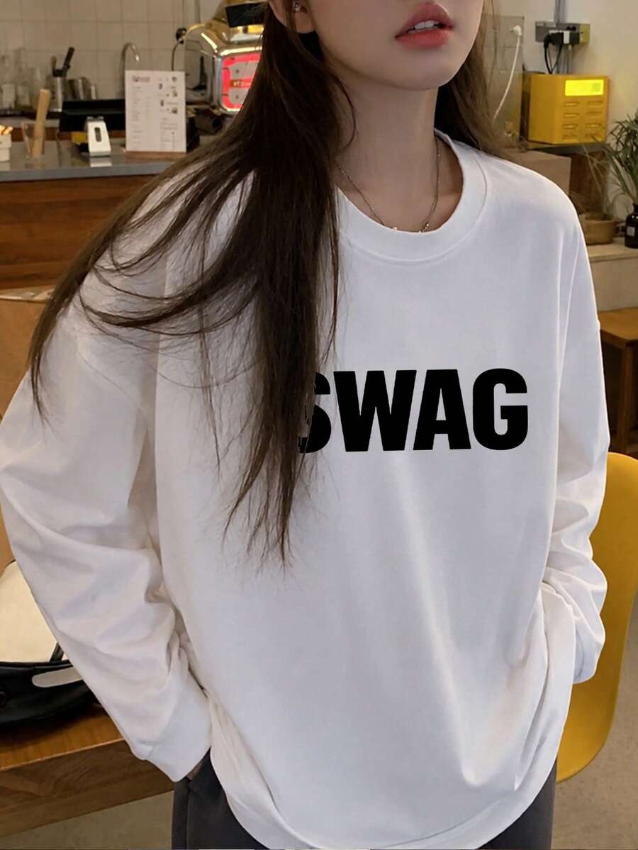 女款時尚秋冬寬鬆百搭圓領休閒字母印花長袖T恤,適合季節性穿搭 - 白色 - 查看 1