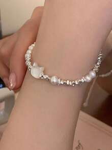 1PC Women's New Cat Charm Pearl Bracelet, Fashionable Lightweight Luxury High-End Wristwear, Stackable Multi-Purpose Accessory - Silver - View 2