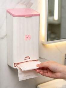 Cute Bow Wall-Mounted Tissue Box, Bathroom Sanitary Napkin Storage Box, Vertical Striped Textured Shell, No-Drill Adhesive Wall Installation. Smooth Dispensing Opening, Can Hold Face Towels And Tissues, Flip-Top Design For Easy Refill. White And Pink Contrast Color Girly Style, Suitable For Bathroom Vanity, Frees Up Countertop Space, Practical Home Storage For Face Towels And Tissues. - Multicolor - View 13