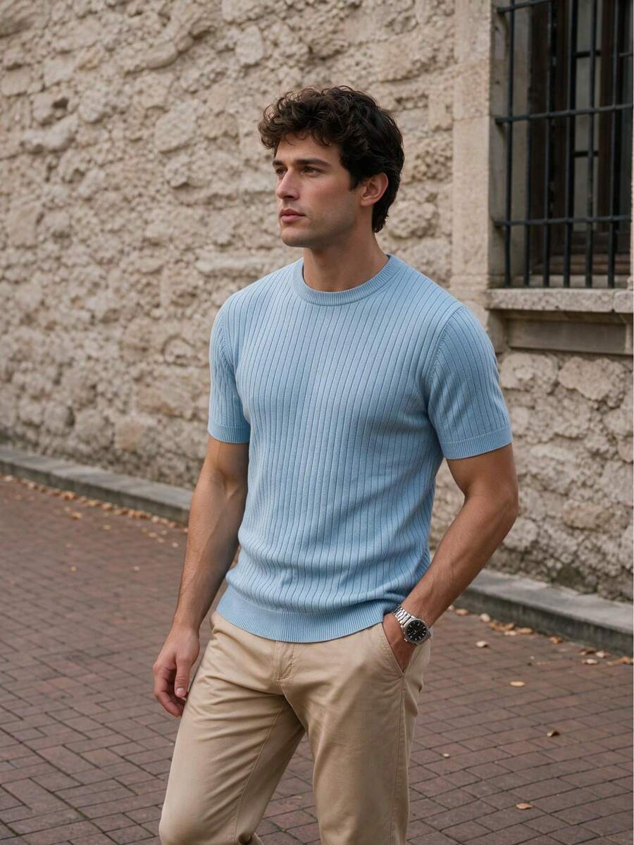 Men's Ribbed Slim Fit Crew Neck Short Sleeve T-Shirt, Suitable For Summer Streetwear, Combining Casual And Fashionable Style - Baby Blue - View 1