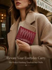 Women's Wallet, Compact Cute Coin Purse, Tri-Fold Burgundy Woven PU Leather Wallet, Multi-Card Slots With Snap Closure - Burgundy - View 8