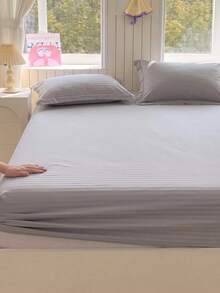 3-Piece Minimalist Striped Bedding Set, 1 Fitted Sheet + 2 Pillowcases (Pillow Inserts Not Included), Soft Breathable Mattress Cover, Deep Pocket All-Season Bedroom Bedding - Light Grey - View 2