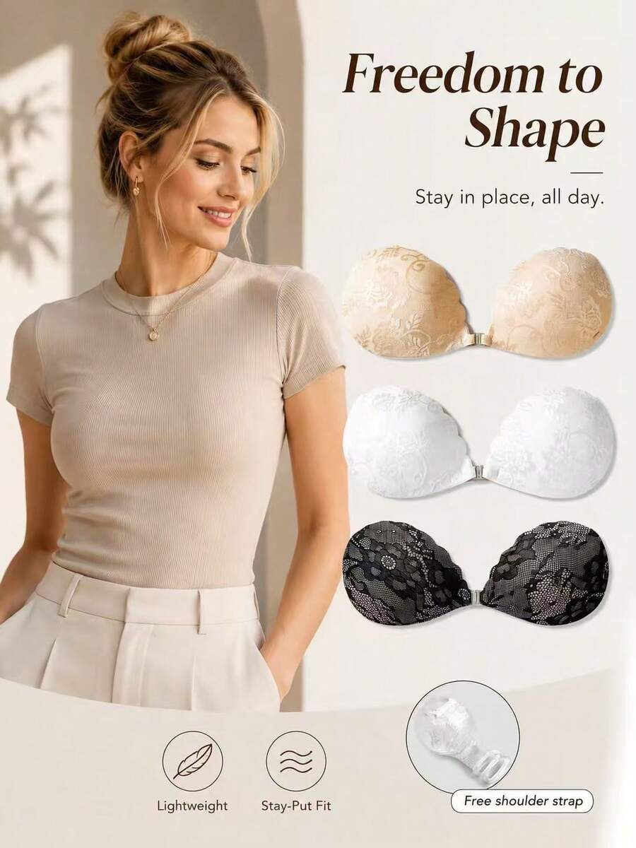 1pc Lace Silicone Self-Adhesive Nipple Covers, Front-Clasp Lift-Up Breast Petals, Suitable For Bikini And Evening Gown For Parties, Dinners, Graduation Ceremonies, Dates, Music Festivals And Other Occasions, All Year Round - Black - View 1