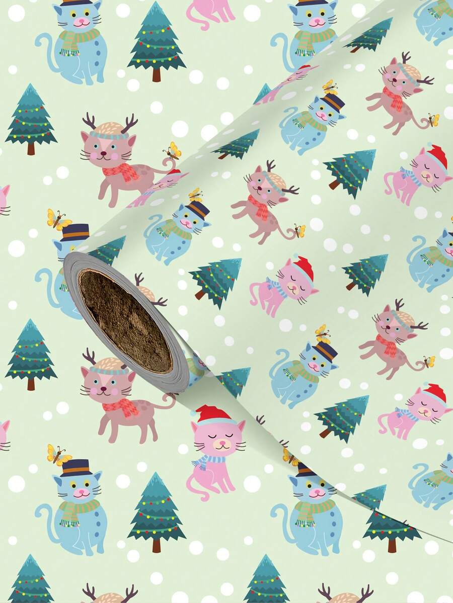 1 Roll Christmas Gift Wrapping Paper With Christmas Cat And Christmas Tree Patterns, Perfect For Christmas Gift Wrapping,Decorating For Christmas Parties,Home Festive Decoration,DIY Craft,Festive Favour Wrapping ,1 Roll Size: 43 Cm X 300 Cm - A - View 1