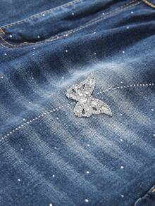 Men's Loose Straight Leg Denim Jeans With Rhinestone Butterfly Decor, American Street Style, Mid-Waist, Washed Gradient Blue, Casual Daily Wear, Party - Blue - View 8