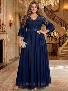 Plus Size V-Neck Floral Lace Ruffle Layered Sleeve Colorblock Chiffon Ruched Hem Formal Evening Party Dress, Suitable For Birthday, Homecoming Dance, Wedding Guest - Navy Blue - View 4