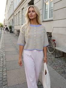 Buzzelle Vivid Style Autumn Basic Blue & Yellow Striped Button-Up Cardigan, Preppy Short-Length 5-Sleeve Knit Top - Baby Blue - View 1