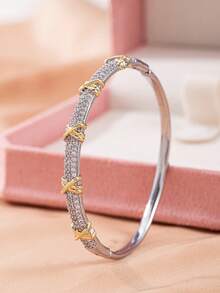 1pc Glam Two‑Tone Alloy Inlaid Cubic Zirconia Cross Knot Design Bangle Bracelet For Girls Teens Birthday Gift Wear - Multicolor - View 2