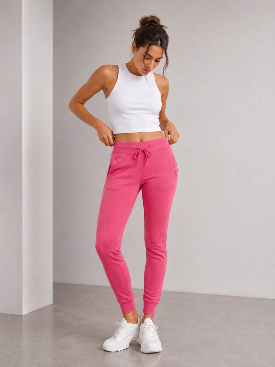 Sweatpants, Elastic Waistband With Drawstrings, Mid-Rise, 2 Pockets, Tapered Legs With Drawstrings, Basic - Watermelon Pink - View 1