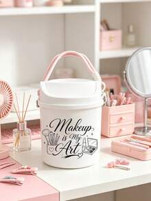 Portable Printed Makeup Storage Bucket With Lid, Large Capacity Cross‑Body Cosmetic Organizer, Dust‑Proof For Lipstick Brushes Eyeshadow Palette, Desktop Bathroom Dorm Vanity Storage For Girls Makeup Lovers, Back‑To‑School Gift - Multicolor - View 1