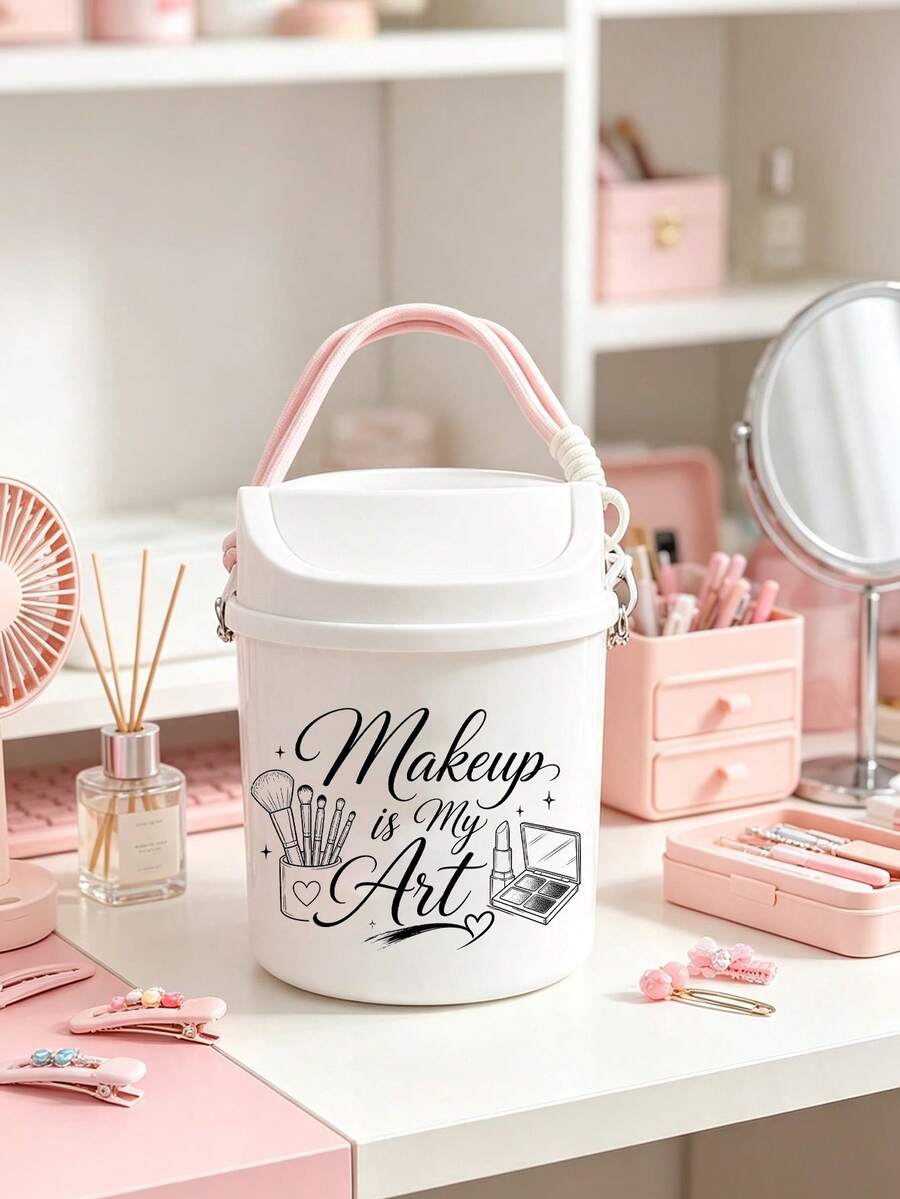 Portable Printed Makeup Storage Bucket With Lid, Large Capacity Cross‑Body Cosmetic Organizer, Dust‑Proof For Lipstick Brushes Eyeshadow Palette, Desktop Bathroom Dorm Vanity Storage For Girls Makeup Lovers, Back‑To‑School Gift - Multicolor - View 1