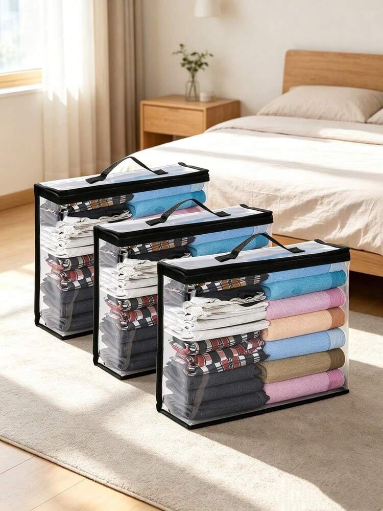 1/3pcs Transparent White/Black Storage Bags, PVC Handle, Convenient And Quick Packaging, Dustproof And Moisture-Proof, Suitable For Home Bedding, Blankets, Pillow Inserts And Packaging, Easy To Store And Categorize, Suitable For Bedroom, Wardrobe And Moving - White - View 2