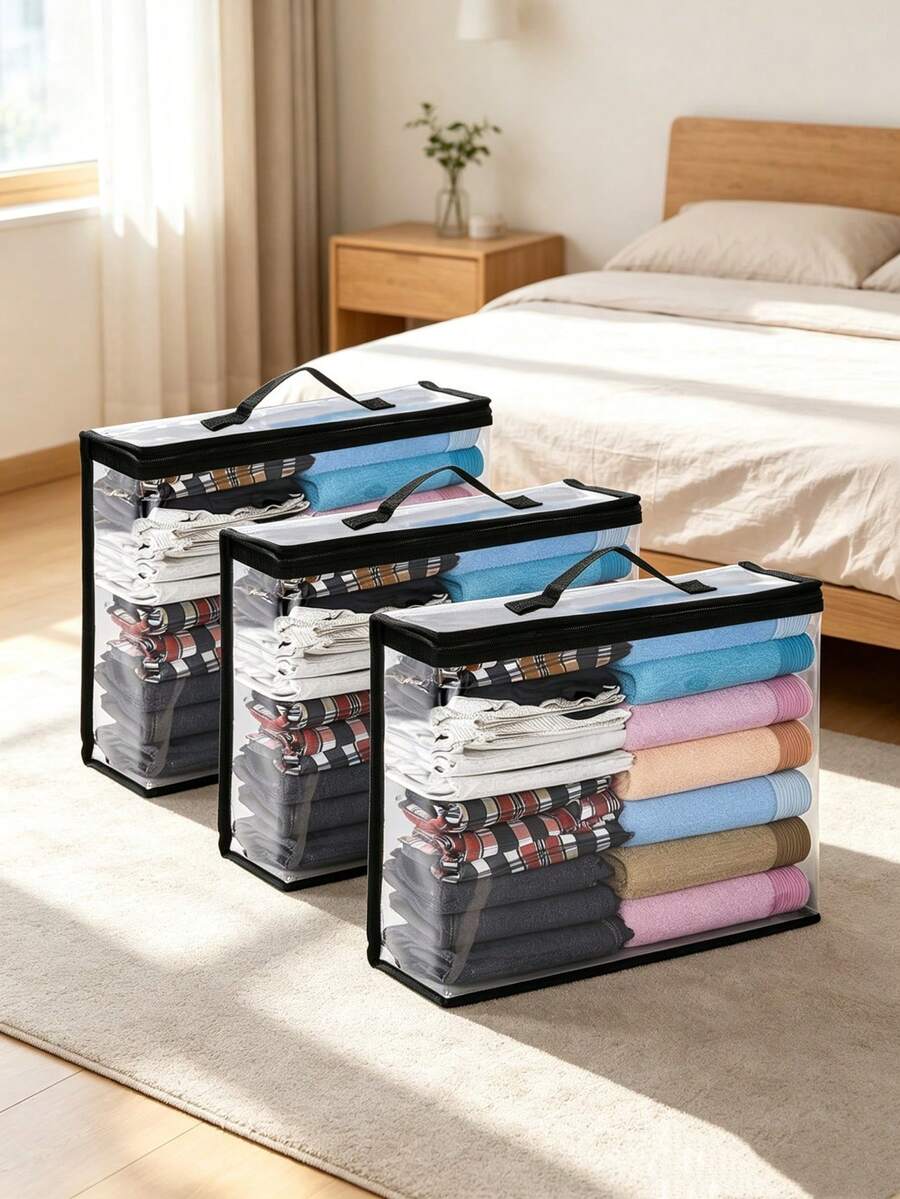 1/3 piezas Bolsas de almacenamiento transparentes blancas/negras, con asa de PVC, empaque rápido y conveniente, a prueba de polvo y humedad, adecuadas para ropa de cama, mantas, rellenos de almohada y empaque, fáciles de almacenar y categorizar, adecuadas para dormitorio, armario y mudanza - Blanco - Ver 1