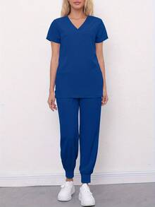 [Free Shipping] Women's Breathable V-Neck Pocket Work Clothes Pants Set 8010 - Blue - View 3