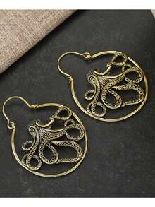DIYCCPC Anting-anting hoop wanita berbentuk gurita berongga bergaya vintage dari laut, unik dan elegan, perhiasan untuk bepergian sehari-hari. - Emas - View 8