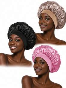 3pcs/2pcs/1pc Luxury Silk Satin Sleep Cap Hair Bonnet, Solid Color Shower Cap, Elastic Sleeping Cap, Lightweight Hair Protection Cap, Suitable For Comfortable Overnight Wear, Also For Hair Care And Showering, Soft Fit To Scalp, Protects Hair | Satin Cap | Smooth Satin - View 6
