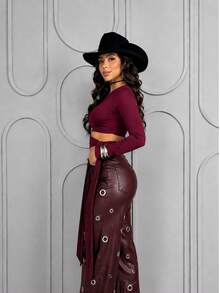Cropped Feminino Manga Longa com Amarração na Cintura – Top Elegante e Estiloso - Vinho - Visão 2