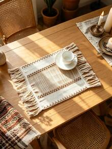 ABEST6522 Home&Living store Poly Linen Blend Woven Table Runner, Farmhouse Style Table Runner With Crochet Trim & Tassel Fringe, Decorative Table Cover For Dining Table, Banquet, Thanksgiving, Christmas & Daily Household Decor - Multicolor - View 7